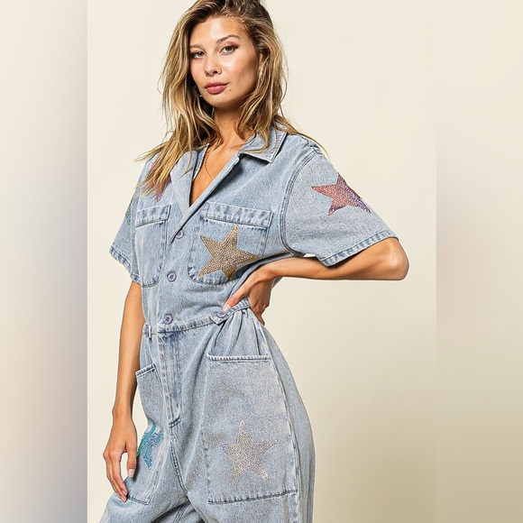 RHINESTONE STAR DENIM JUMPSUIT COVERALLS - Picture 2 of 6